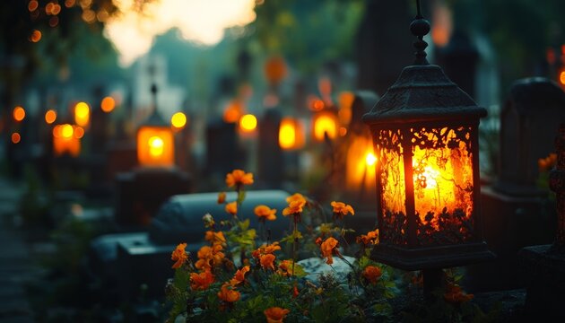 Serene cemetery scene  illuminated graves adorned with lamps in subdued hues reflecting faith