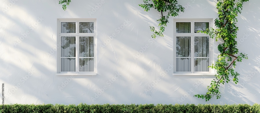 Poster window frame on a white facade of a european home with a green hedge. copy space image. place for ad
