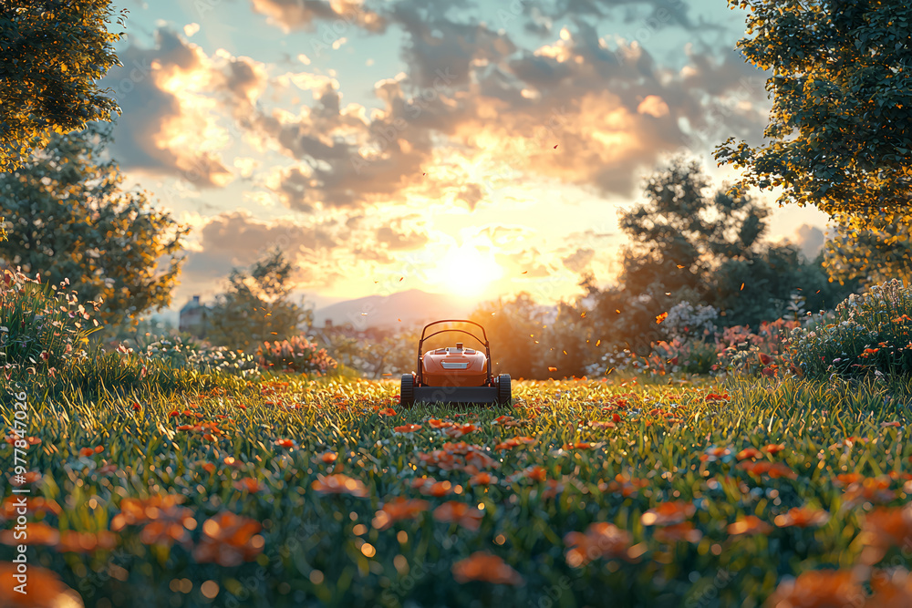 Poster the soothing hum of a distant lawnmower, creating a repetitive, calming background noise. concept of