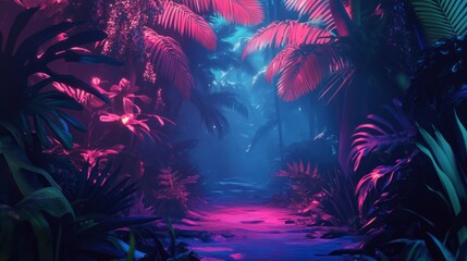 Fototapeta premium Tropical Rainforest Path Illuminated by Neon Pink and Blue Light