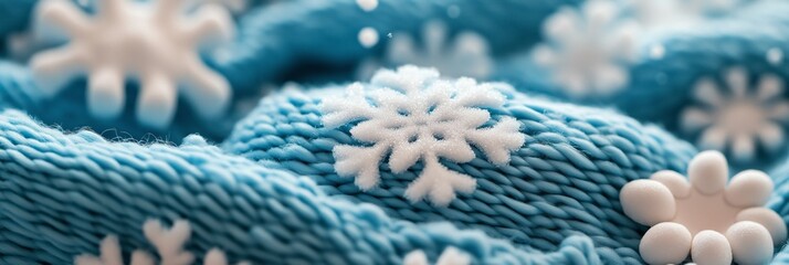 Naklejka premium close-up of white snowflakes on blue knitted fabric, winter holiday texture