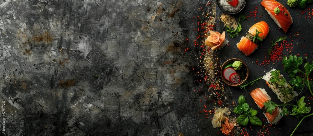 Poster sushi arranged on a stone surface. copy space image. place for adding text and design