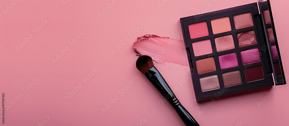 Poster eye makeup set featuring an eyeshadow palette and a brush for effective application still life again