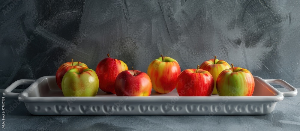 Wall mural Apples in a grey tray with textile grips on a grey background. Copy space image. Place for adding text and design