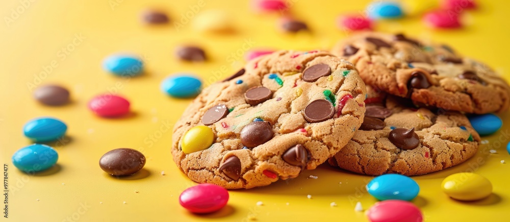 Poster homemade cookies with colorful chocolate candies against a bright background. copy space image. plac