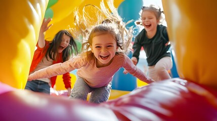 A birthday child bouncing in a colorful bouncy castle surrounded by friends laughing and playing inside.