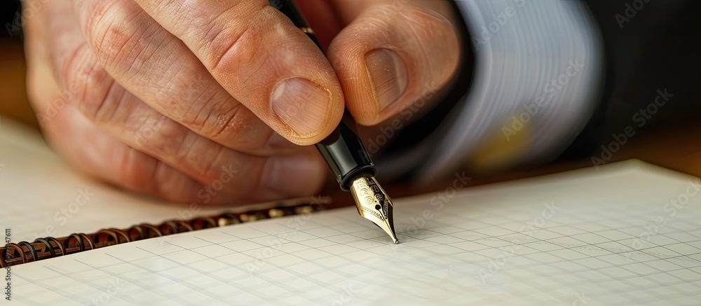 Poster cropped image of a man s hand holding a fountain pen and writing in a notebook. copy space image. pl