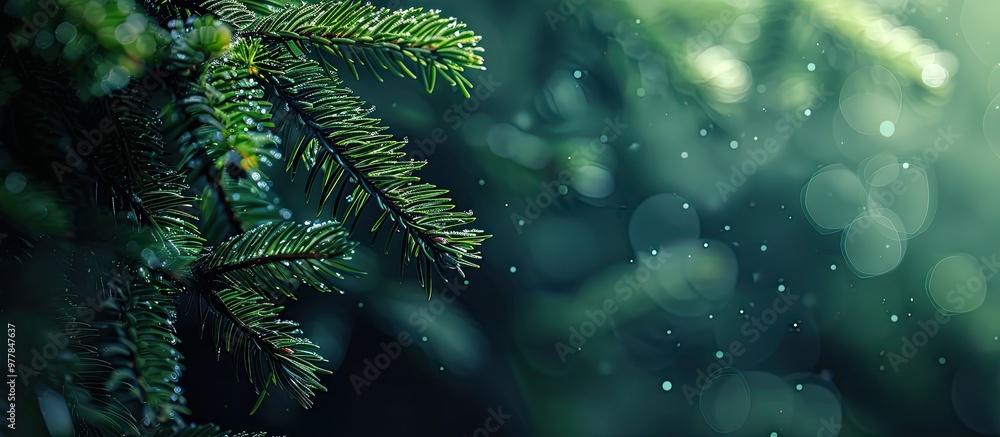 Poster close up of a fir tree branch shallow depth of field close up of a pine branch concept for christmas