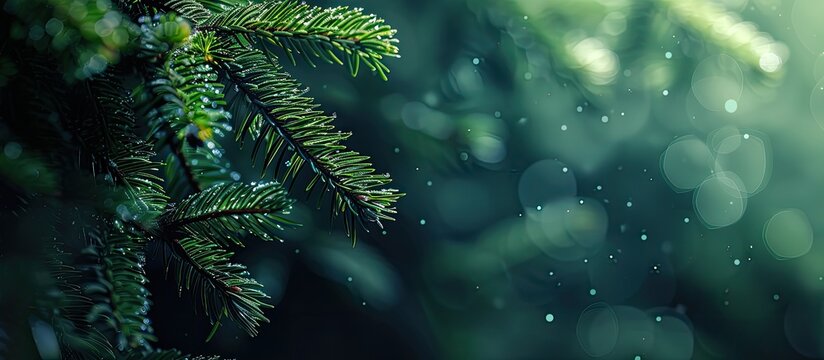 Close up of a fir tree branch Shallow depth of field Close up of a pine branch Concept for Christmas wallpaper Copy space