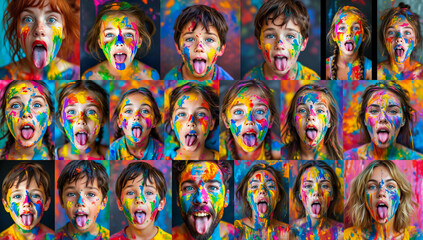 Fototapeta premium a collection of people covered in paint and showing their tongues