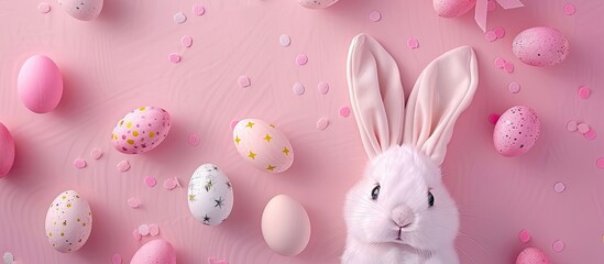 Cute and funny bunny eggs along with bunny rabbit ears for children on a pastel pink tabletop representing the Easter holiday concept Easter decorations for kids in a flat lay copyspace