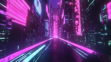 Neon-Lit Street in a Futuristic Cityscape