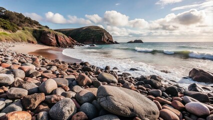 A beach with a rocky shoreline and a grassy area