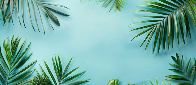 Tropical palm leaves on a light blue backdrop Minimalist nature Summer inspired Flat lay The image measures approximately 5500 x 3600 pixels. Copy space image. Place for adding text and design