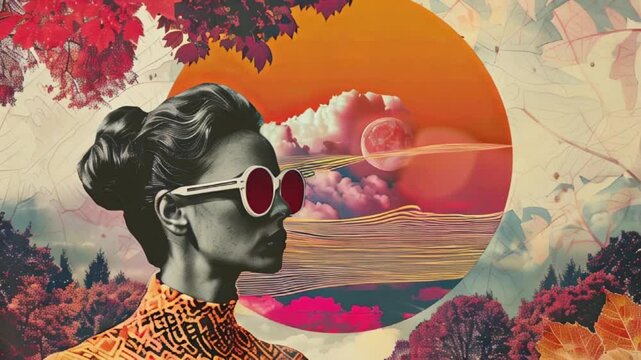 retro-futuristic collage featuring a stylish woman in oversized sunglasses against an autumnal backdrop with bold, swirling patterns, a large orange sun