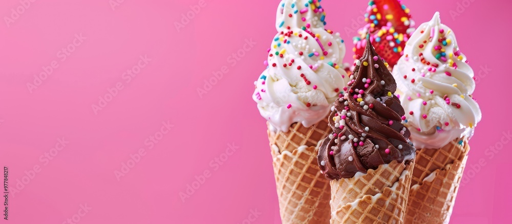 Poster chocolate strawberry and vanilla ice cream cones topped with sprinkles on a vibrant pink background.
