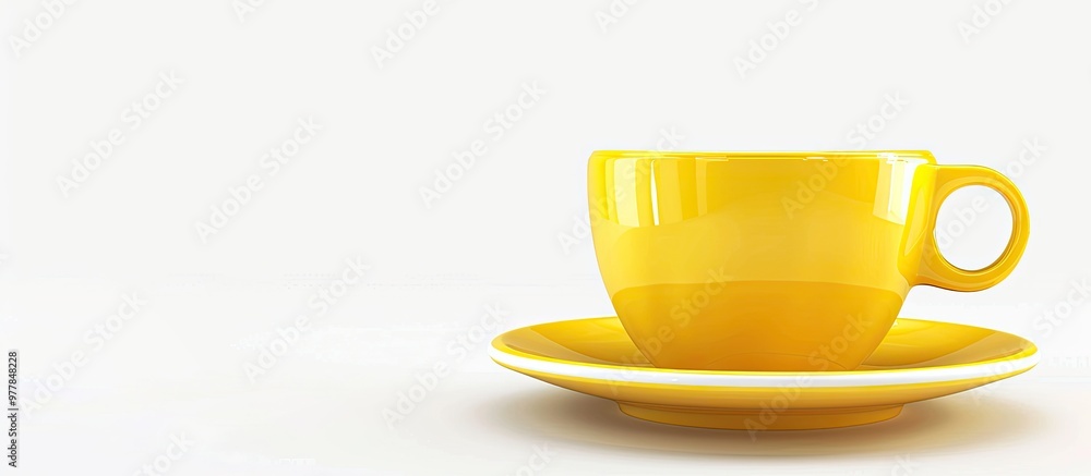 Poster a yellow cup with a saucer on a white background. copy space image. place for adding text and design