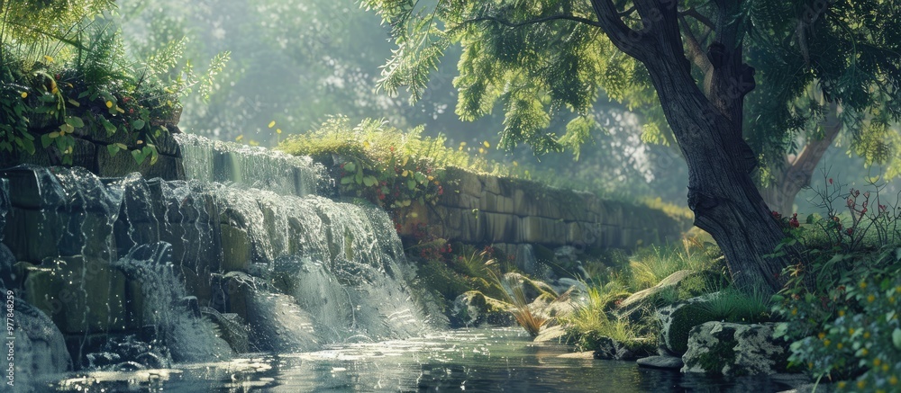 Poster a stream of water cascades through a stone dam on a countryside river. copy space image. place for a