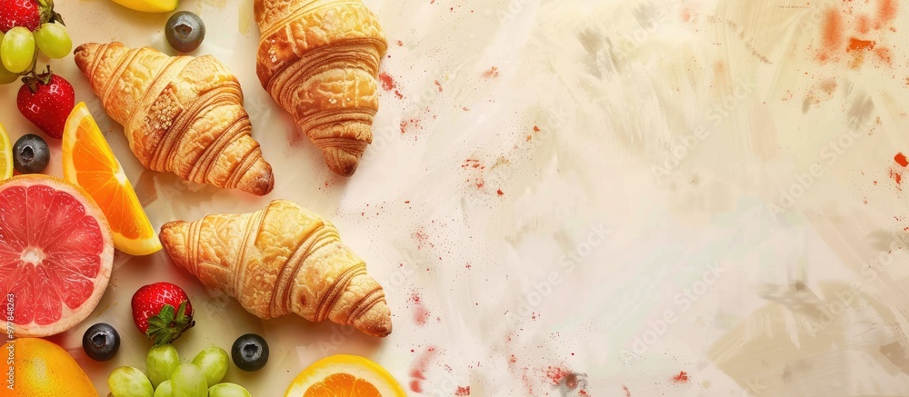 Aufkleber breakfast featuring croissants and fresh fruits top view. copy space image. place for adding text an