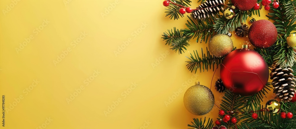 Poster christmas decorations on a yellow background. copy space image. place for adding text and design