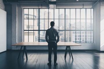 Fototapeta premium A businessman standing in front of a table, with an empty conference room and a black wooden floor in the background Generative AI