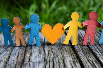 Paper figures holding hands and a heart on a wooden surface symbolizing family love and the emotional connections that bond relationships and communities