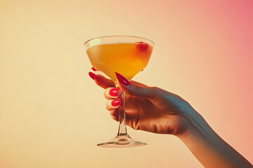 This vintage retro female hand holding a cocktail is isolated on a plain background, typical of the 1960s and 70s