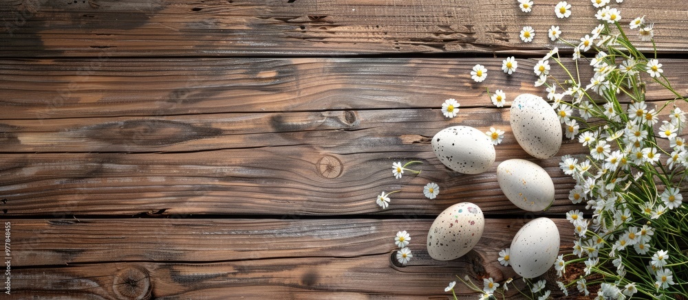 Aufkleber easter table decoration on an aged wooden surface. copy space image. place for adding text and desig