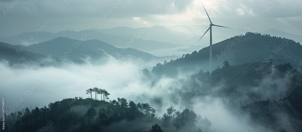 Poster a lone windmill on a hill is captured in a photograph serving as the only distinct feature emerging 