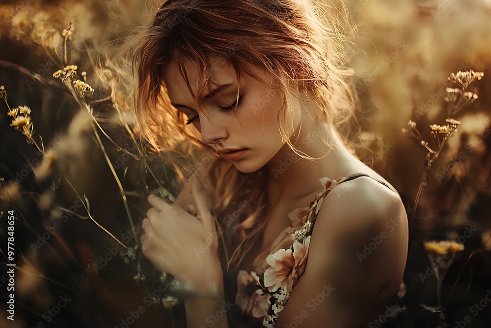 Poster Woman in field of wildflowers with sun shining through her hair,  dreamy, boho, aesthetic photo