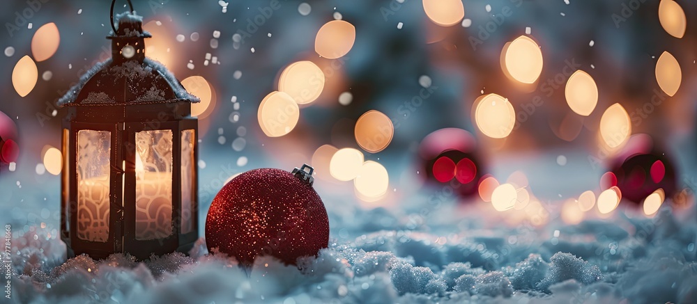 Sticker Christmas lantern on the snow beside red textured balls with a backdrop of lights in close up. Copy space image. Place for adding text and design