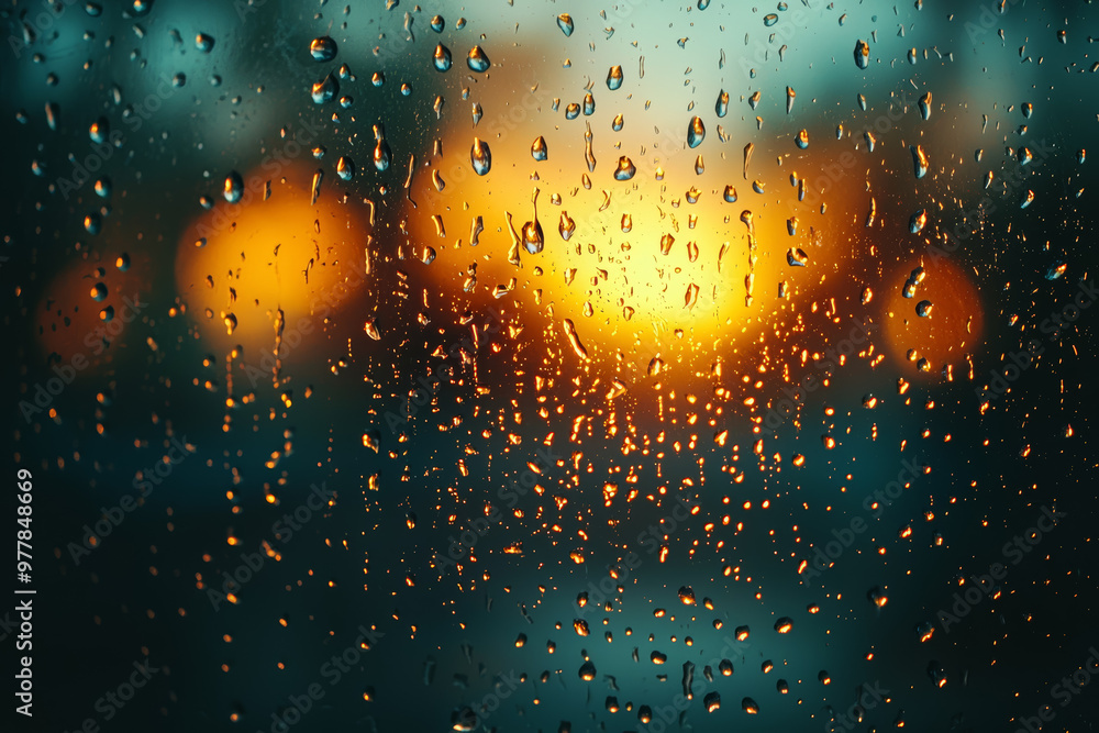 Poster raindrops falling steadily on a windowpane, creating a rhythmic patter. concept of rain's calming ef