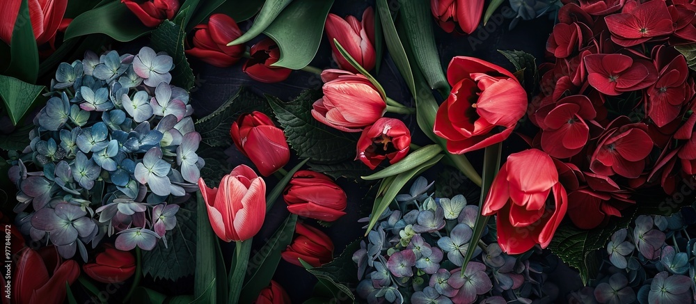 Poster tulips and hydrangeas. copy space image. place for adding text and design