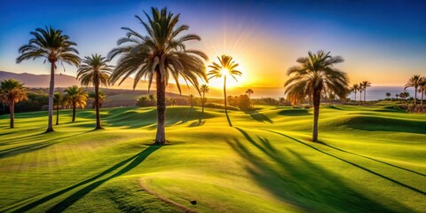 Palm trees casting long shadows on a golf course at sunset in Tenerife, Canary Islands, Spain