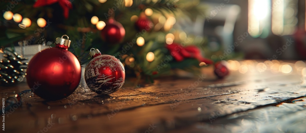 Poster close up of christmas tree decorations on a wooden table. copy space image. place for adding text an