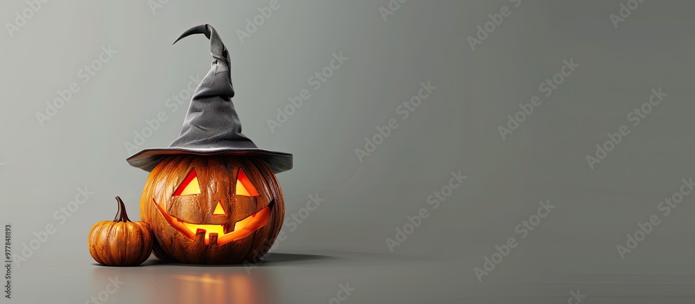Poster halloween theme large jack o lantern wearing a witch hat against a grey background. copy space image
