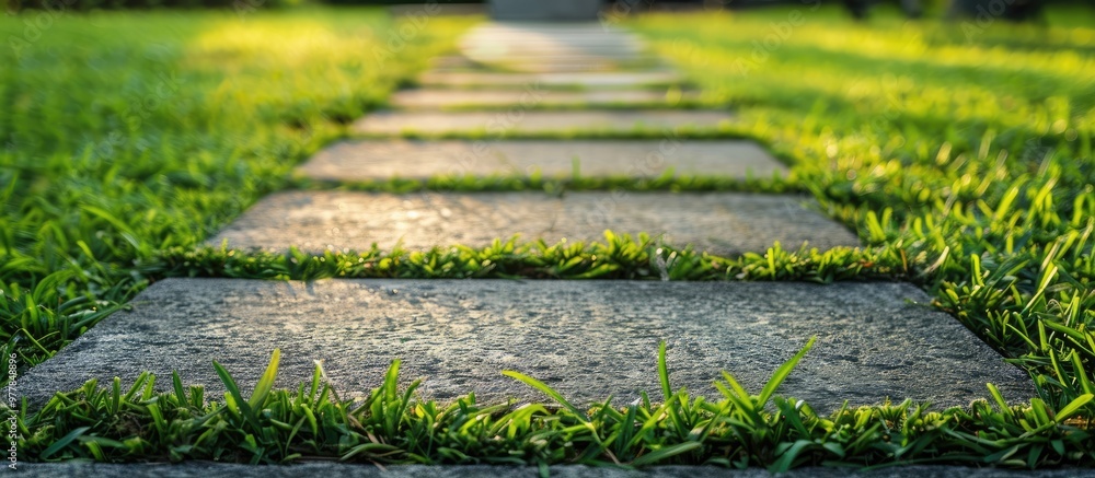 Poster green grass and a cement block pathway background concept copy space for text design