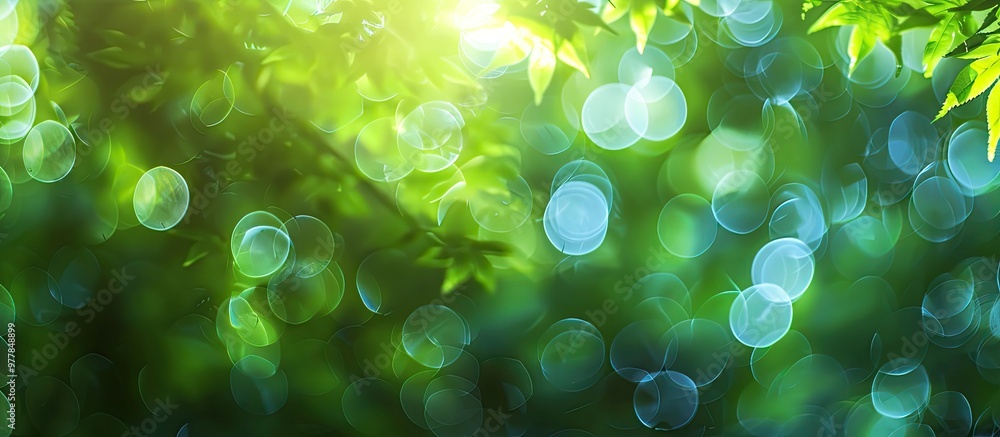 Poster blurred image of abstract bokeh in green tree colors for a summer background. copy space image. plac
