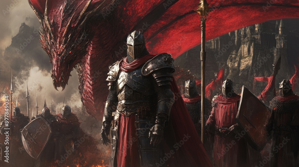 Canvas Prints A Knight and His Army Stand Beneath a Dragon's Wings