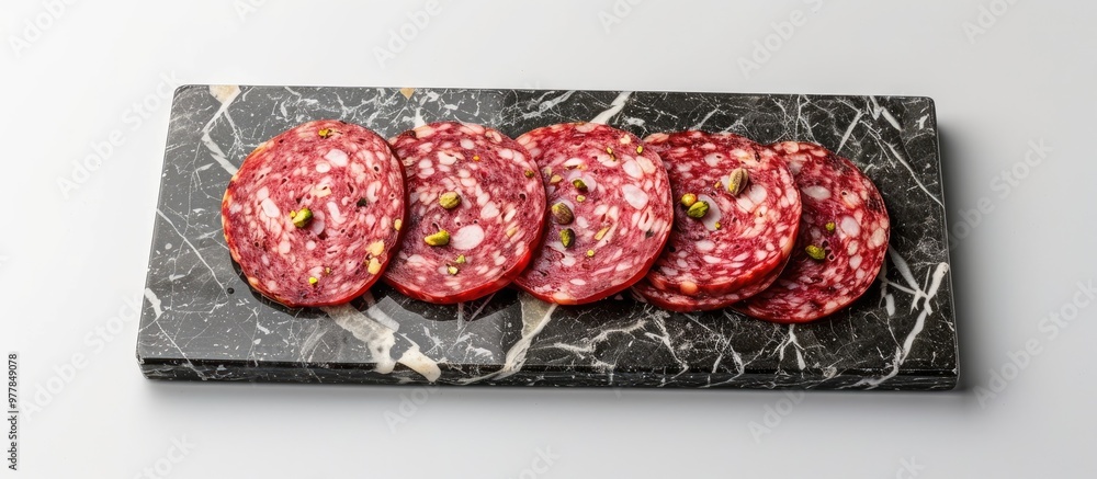 Poster slices of salami sausage with pistachio nuts arranged on a marble board isolated against a white bac