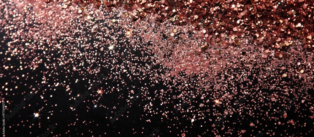 Poster Rose gold glitter on a black background viewed from above with room for text. Copy space image. Place for adding text and design