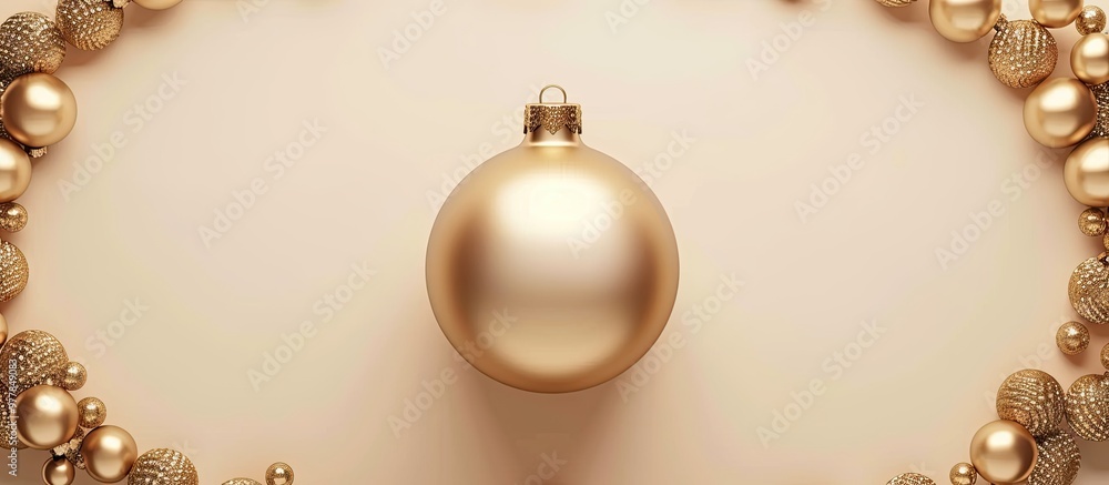 Poster golden christmas decoration ball within a circular frame of golden balls on a neutral beige backgrou