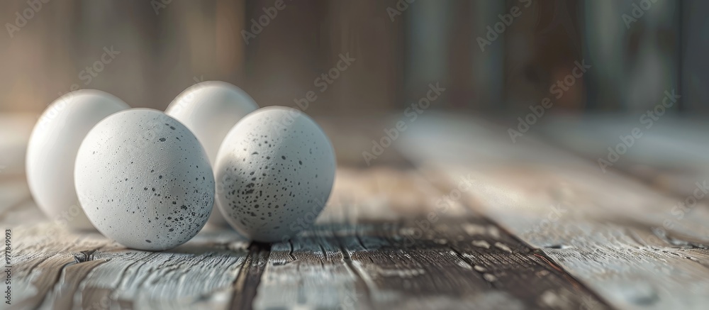 Wall mural Close up of eggs on a wooden table background. Copy space image. Place for adding text and design