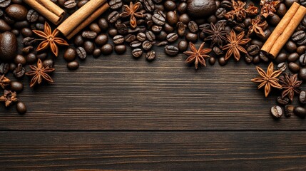 Top View of Coffee Beans and Cinnamon on Wooden Surface