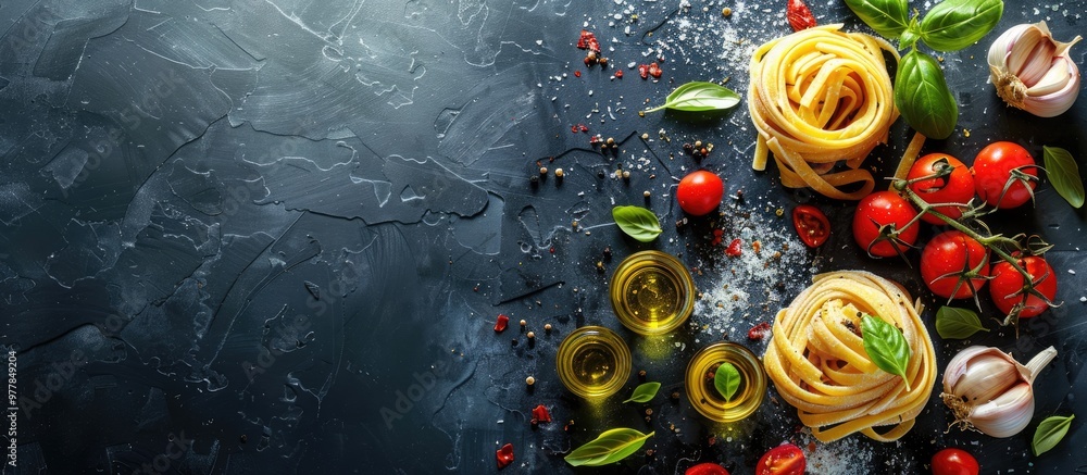 Poster Homemade fresh pasta with olive oil tomato garlic and basil on a dark background. Copy space image. Place for adding text and design