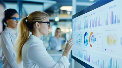 A data analyst explaining performance metrics displayed on a digital board to her team, focusing on growth charts and user data. The setting emphasizes collaborative data analysis