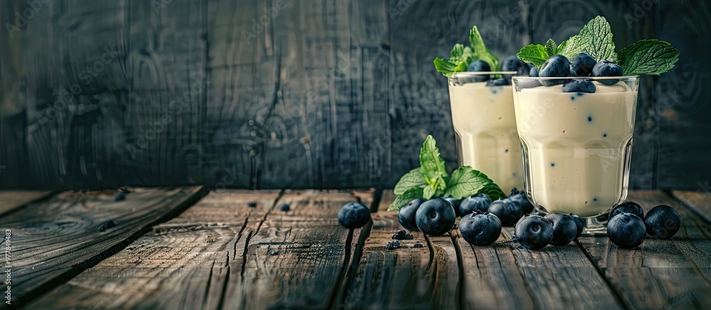 Aufkleber delicious yogurt in glasses accompanied by blueberries on a wooden table area for text. copy space i