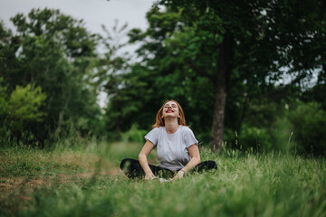 A joyful woman in white top meditating outdoors, enjoying tranquility in a lush green forest...