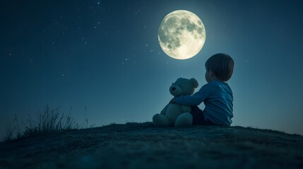 Fototapeta premium A child sitting on a hill under a full moon gazing at the stars while holding a stuffed animal close.