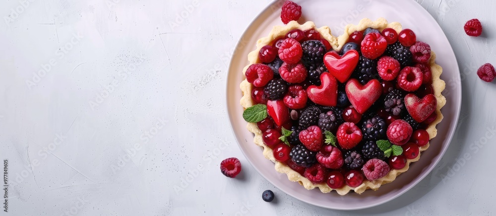 Aufkleber homemade berry tart and white chocolate in the shape of a heart. copy space image. place for adding 